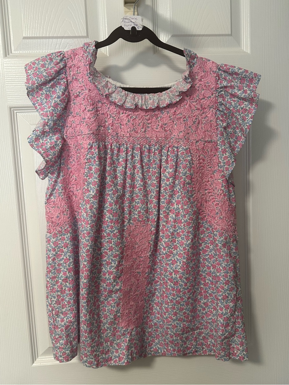 J.Marie Pink & Blue Floral Ruffle Sleeve Blouse with Embroidered Details